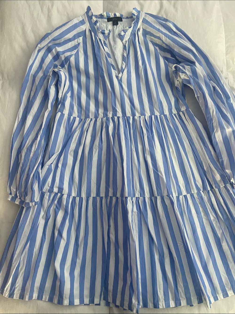 J. Crew Blue and White Striped Ruffle Collar Dress